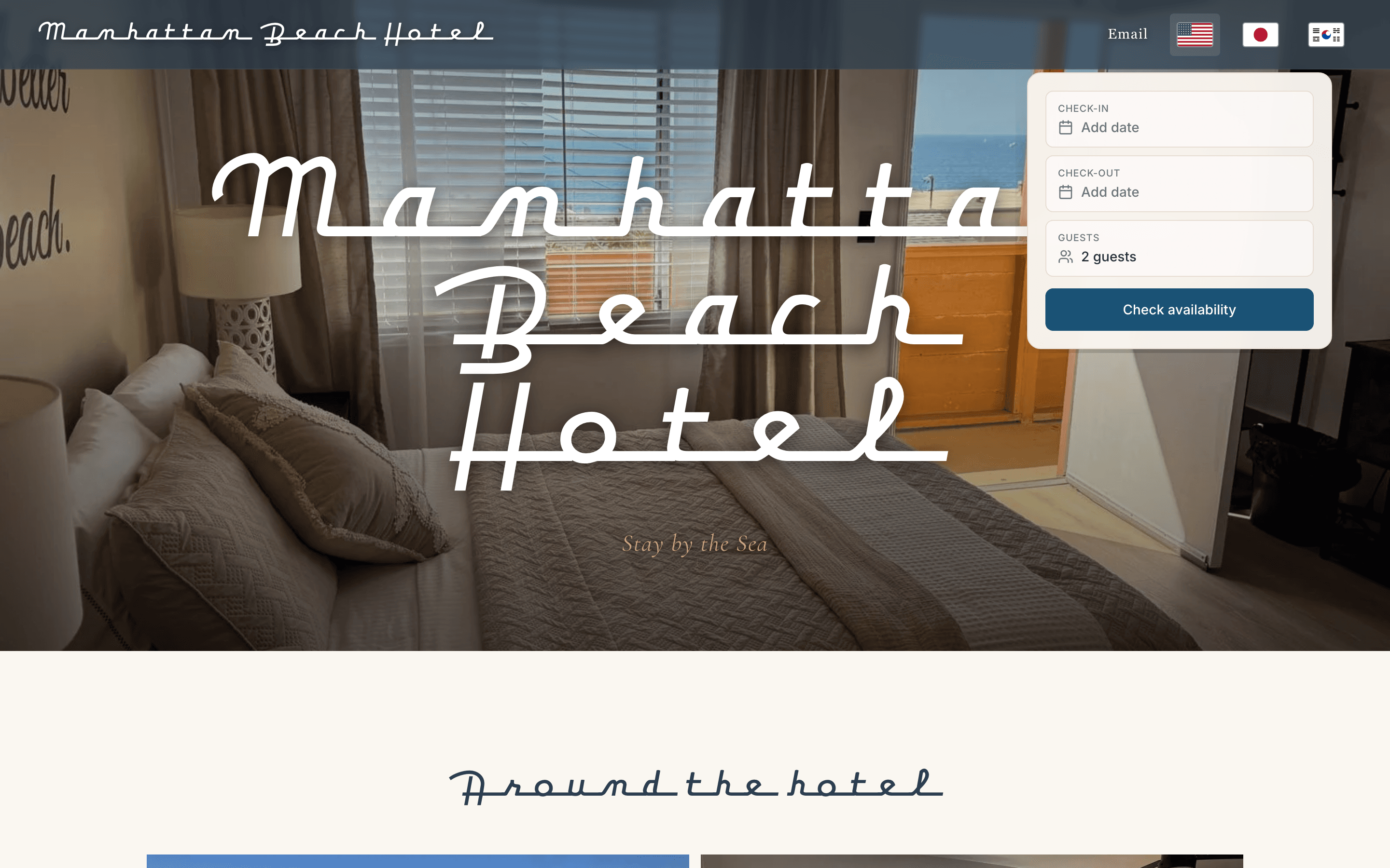Manhattan Beach Hotel's marketing site, with the Dadayak booking widget embedded in the top-right corner.